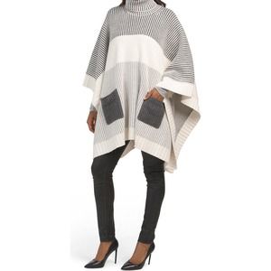 NEW! Naadam One Size $595 Wool Blend Fisherman Color Block Poncho Gray Blue J7-6